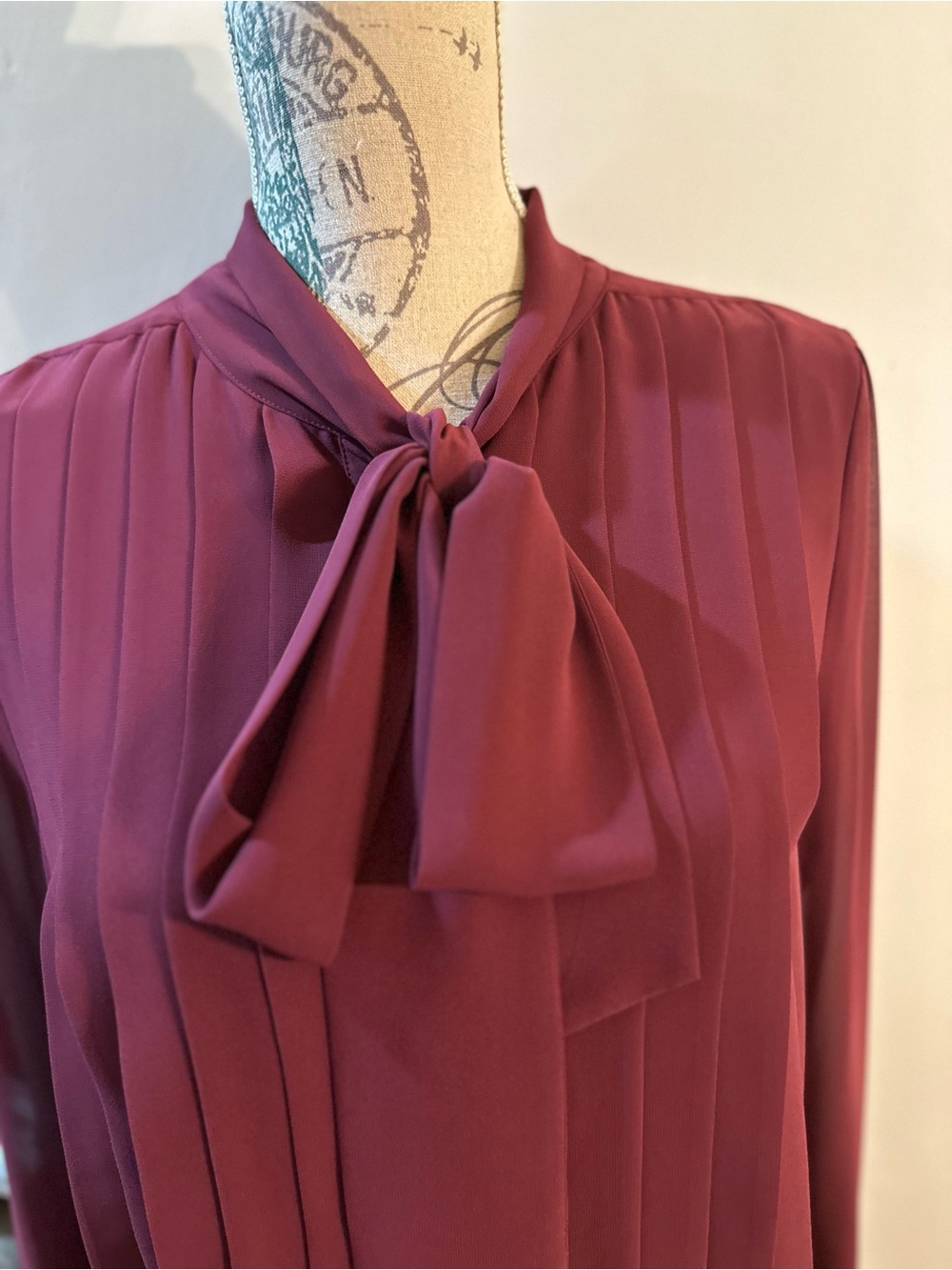 Pleated Bow-Neck Blouse in Burgundy